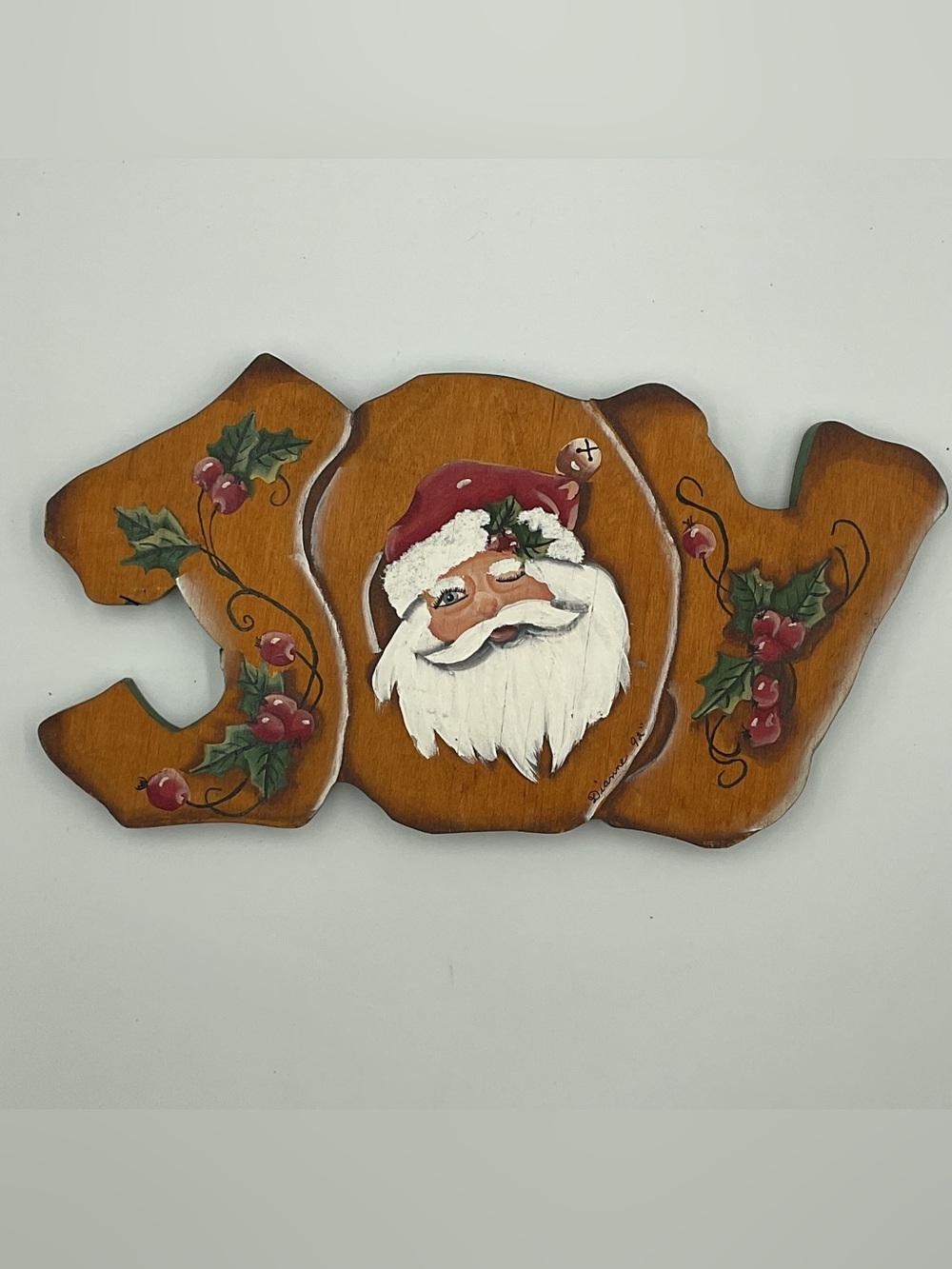 Vintage Hand Painted Wooden Carved Folk Art Christmas Santa Joy Cottage Core